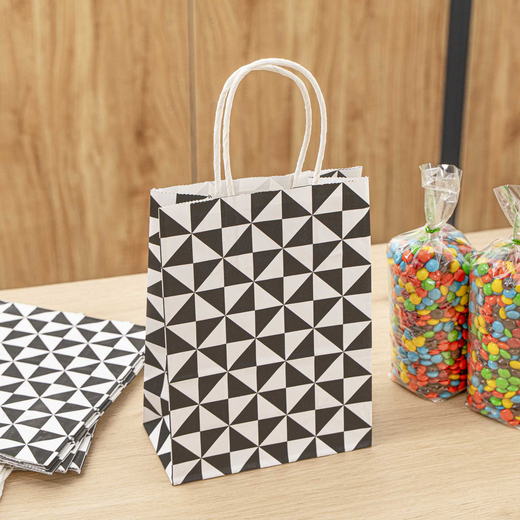 Vogue White Paper Small Shopping Bag - Black Geo Print, with Handles - 6" x 3 1/4" x 8 1/4" - 100 count box