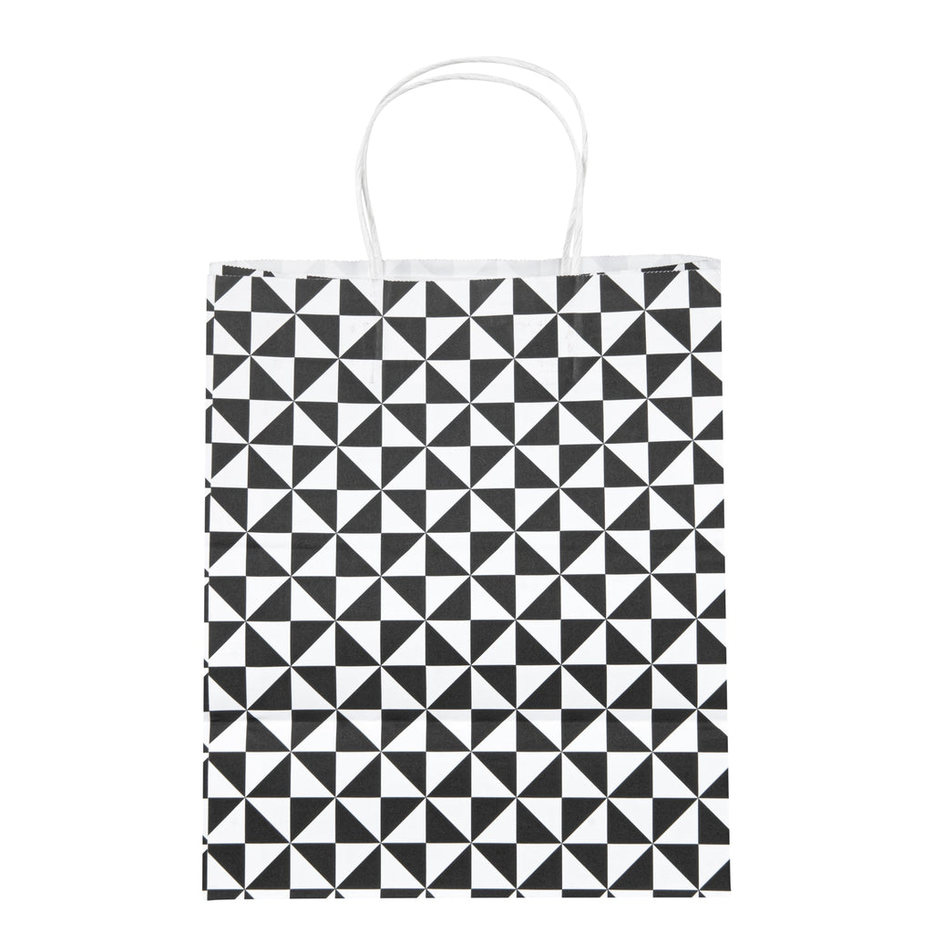 Vogue White Paper Medium Shopping Bag - Black Geo Print, with Handles - 10" x 6 3/4" x 12" - 100 count box
