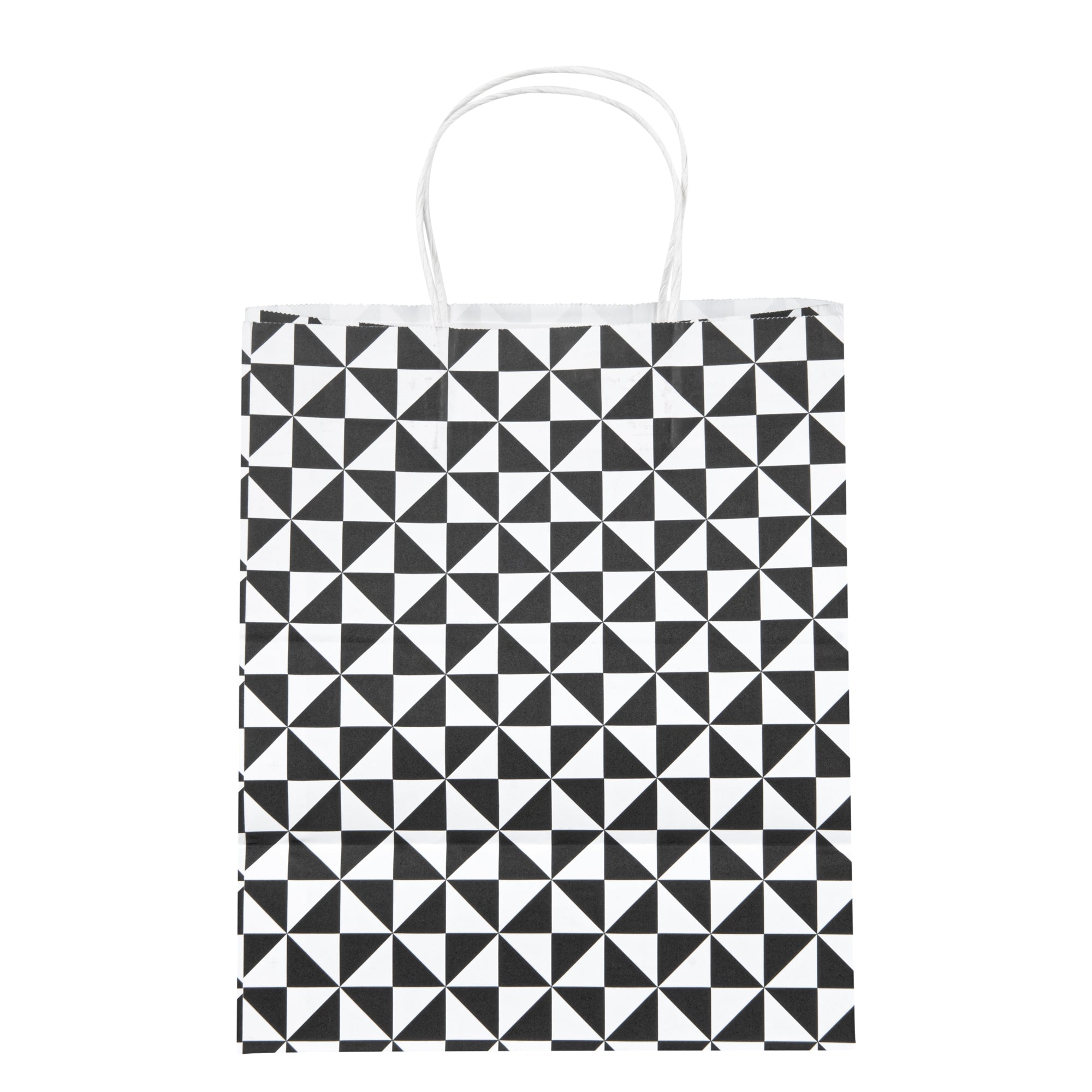 Vogue White Paper Medium Shopping Bag - Black Geo Print, with Handles - 10" x 6 3/4" x 12" - 100 count box