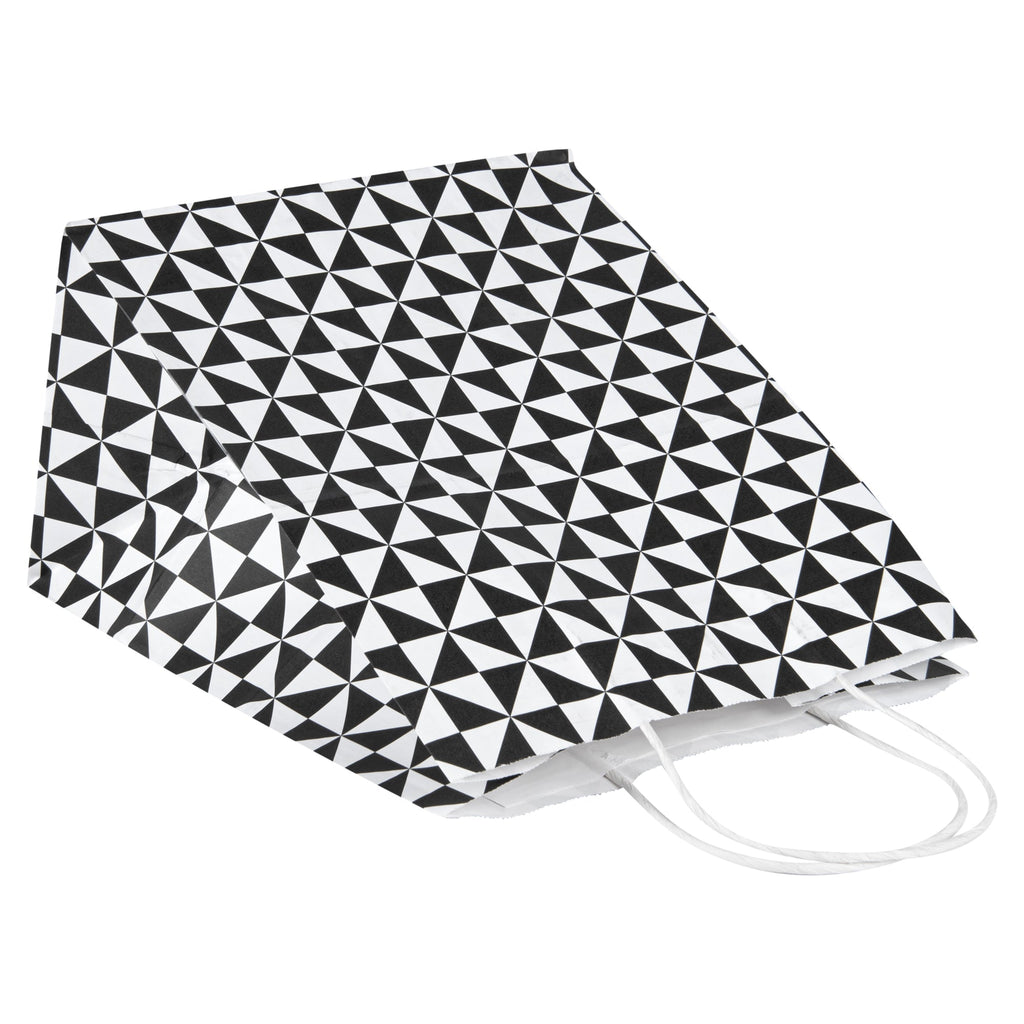 Vogue White Paper Medium Shopping Bag - Black Geo Print, with Handles - 10" x 6 3/4" x 12" - 100 count box