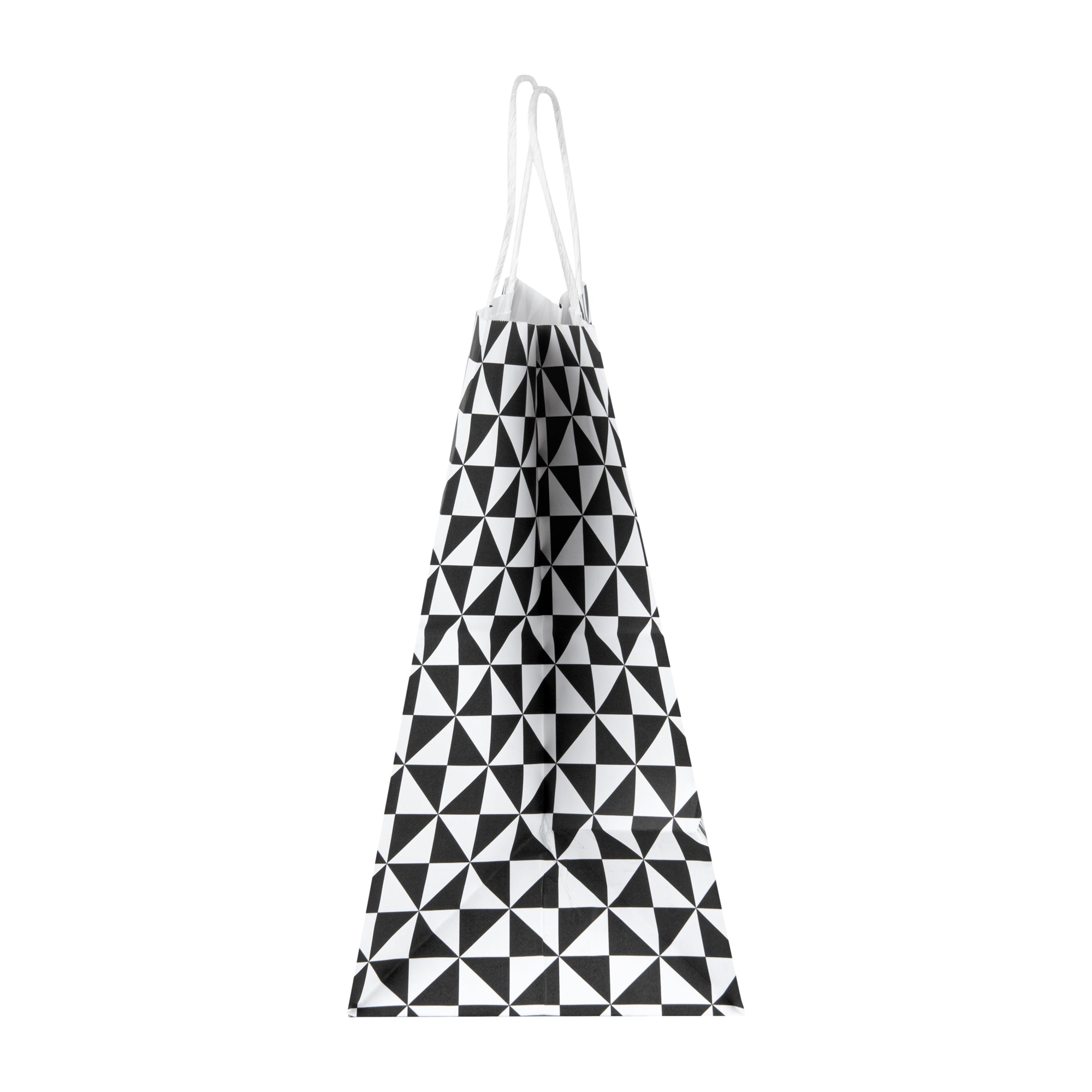 Vogue White Paper Medium Shopping Bag - Black Geo Print, with Handles - 10" x 6 3/4" x 12" - 100 count box