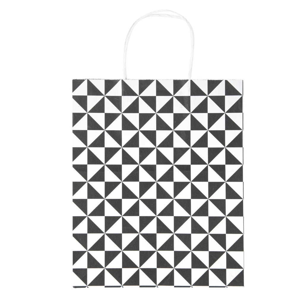 Vogue White Paper Medium Shopping Bag - Black Geo Print, with Handles - 10" x 6 3/4" x 12" - 100 count box