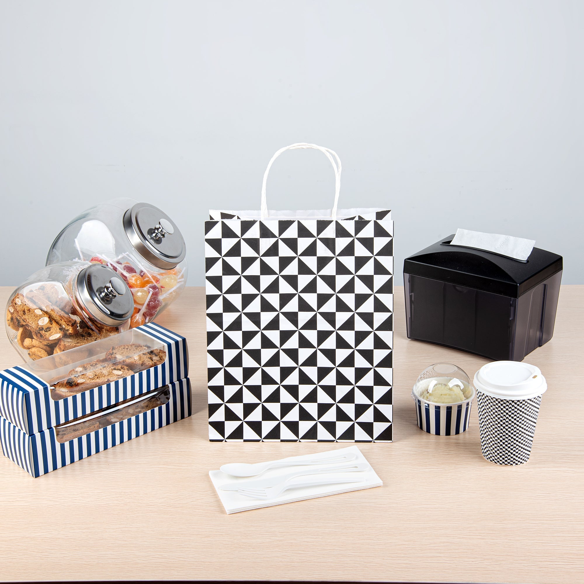 Vogue White Paper Medium Shopping Bag - Black Geo Print, with Handles - 10" x 6 3/4" x 12" - 100 count box