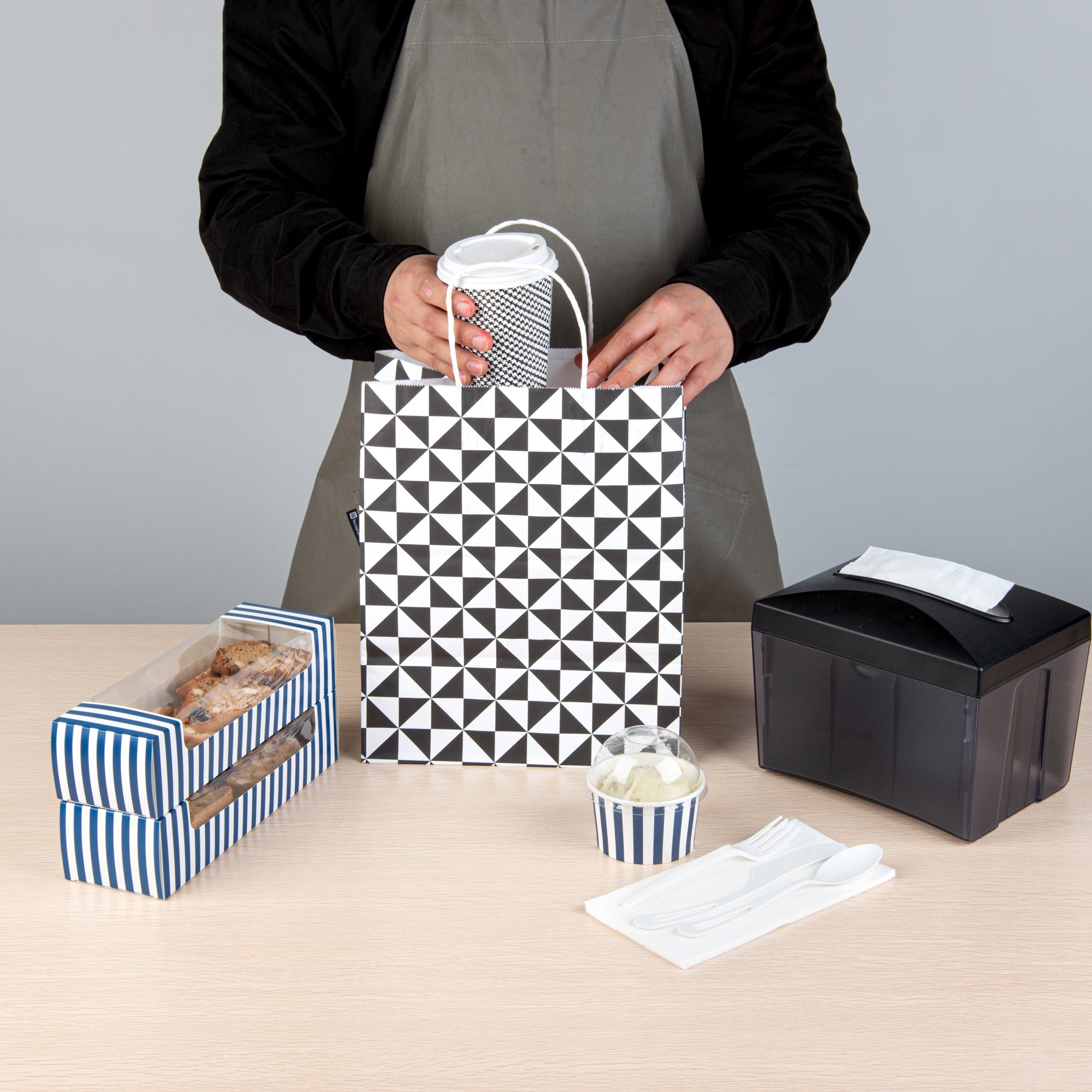 Vogue White Paper Medium Shopping Bag - Black Geo Print, with Handles - 10" x 6 3/4" x 12" - 100 count box
