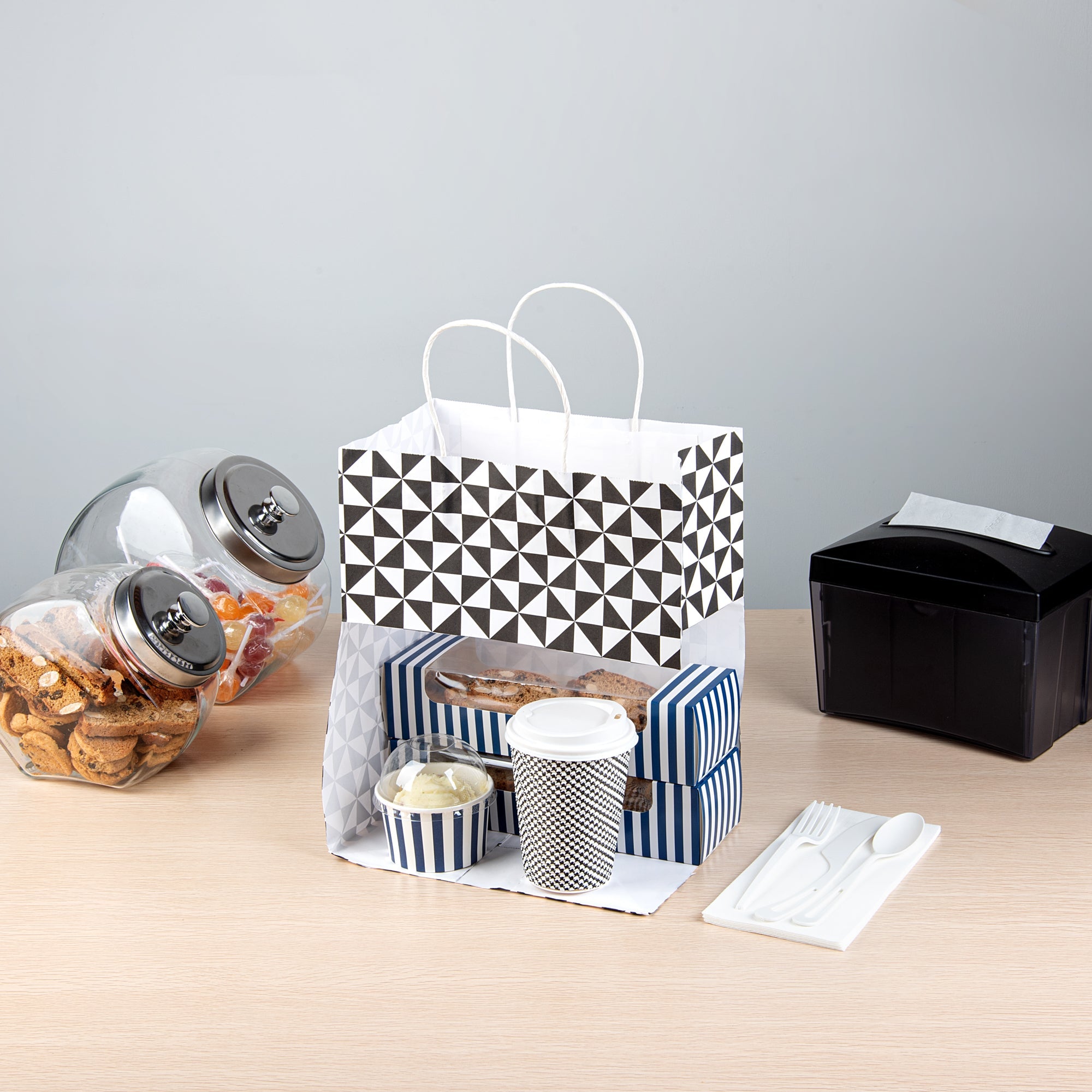 Vogue White Paper Medium Shopping Bag - Black Geo Print, with Handles - 10" x 6 3/4" x 12" - 100 count box