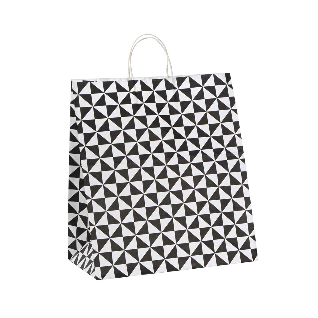Vogue White Paper Large Shopping Bag - Black Geo Print, with Handles - 16" x 9 3/4" x 17 1/4" - 100 count box