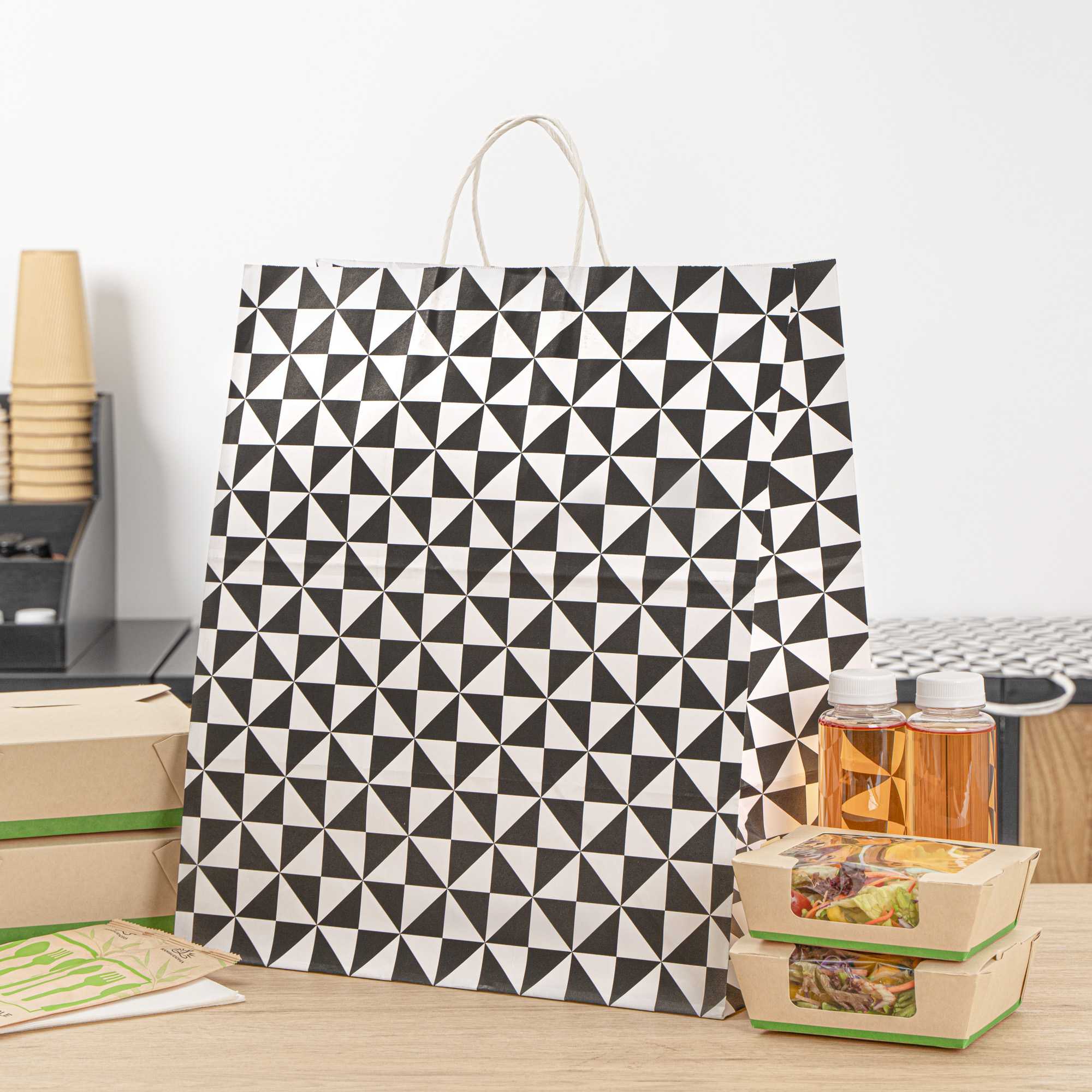 Vogue White Paper Large Shopping Bag - Black Geo Print, with Handles - 16" x 9 3/4" x 17 1/4" - 100 count box