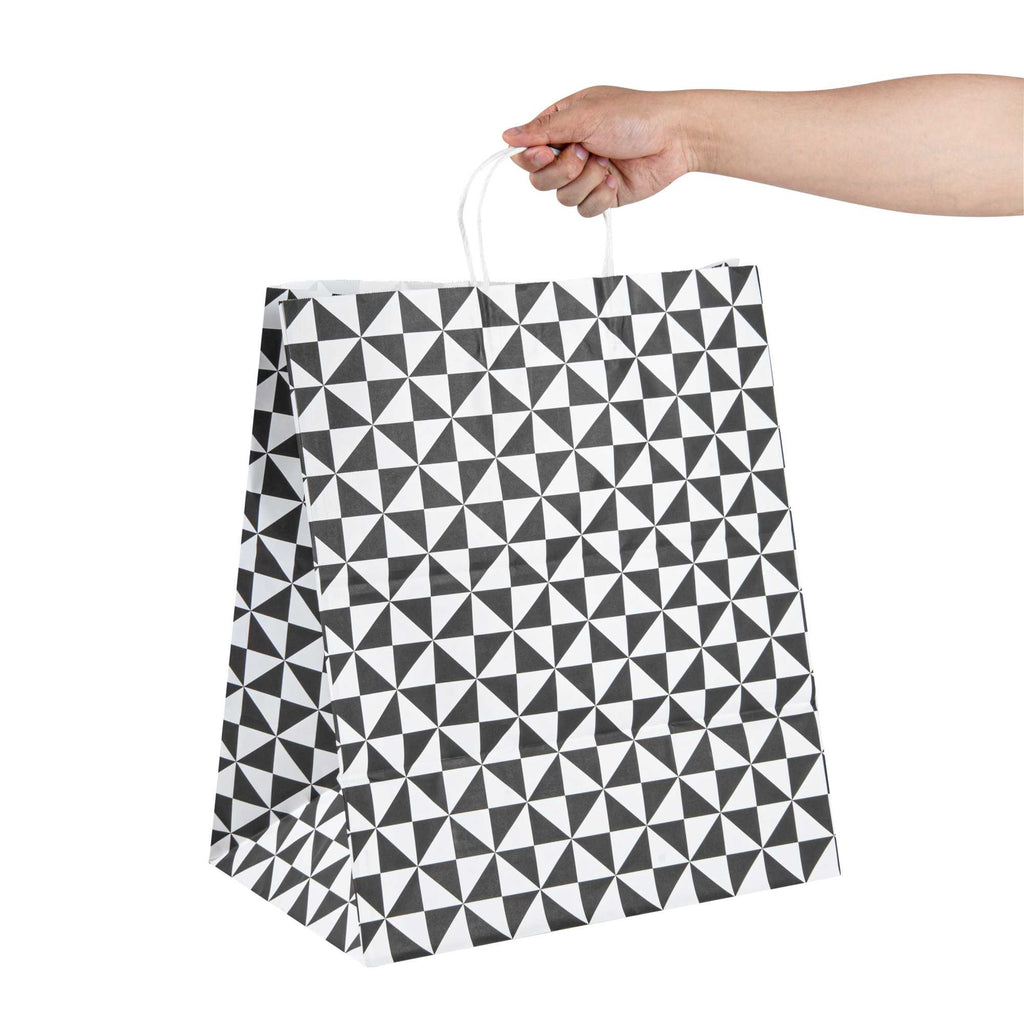 Vogue White Paper Large Shopping Bag - Black Geo Print, with Handles - 16" x 9 3/4" x 17 1/4" - 100 count box