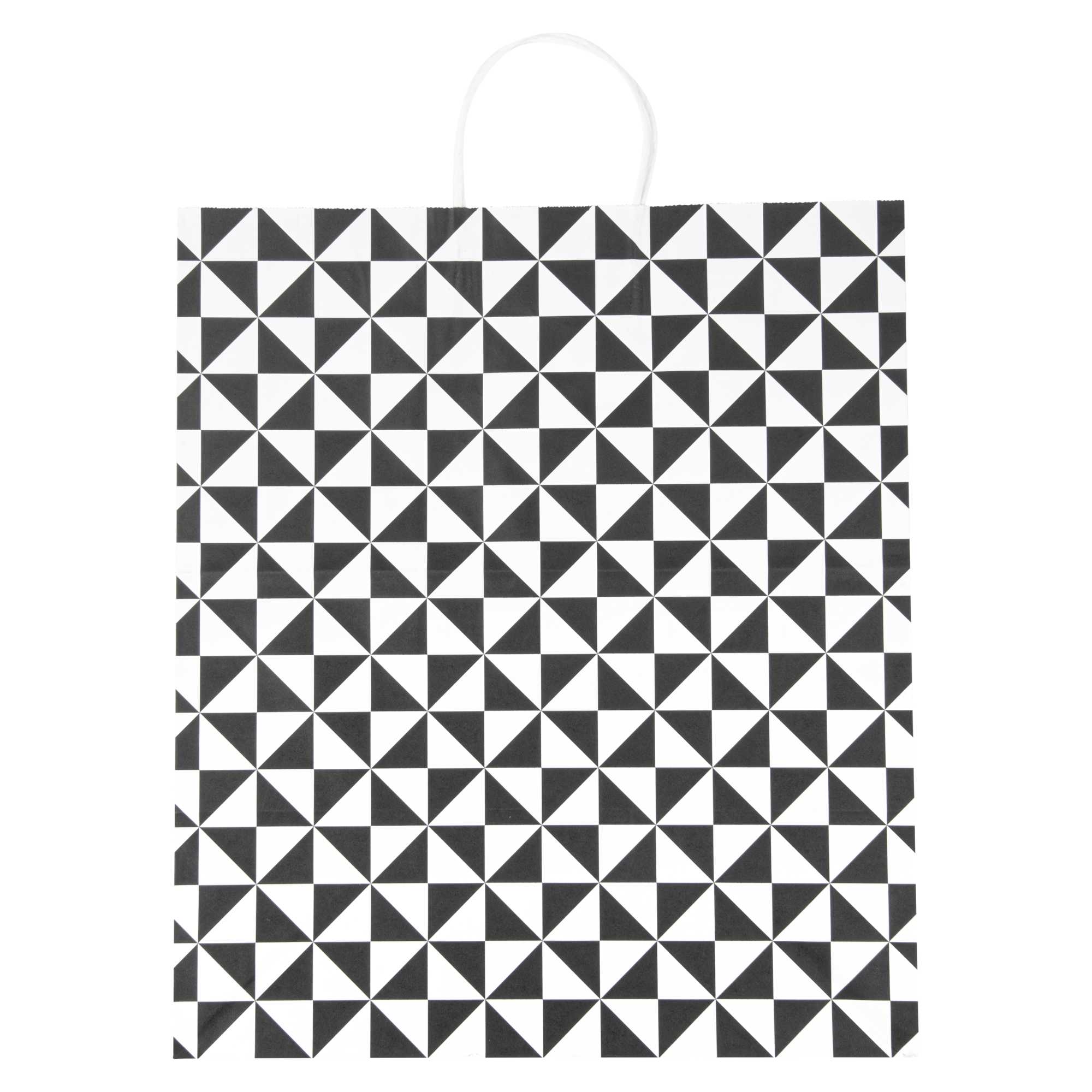 Vogue White Paper Large Shopping Bag - Black Geo Print, with Handles - 16" x 9 3/4" x 17 1/4" - 100 count box