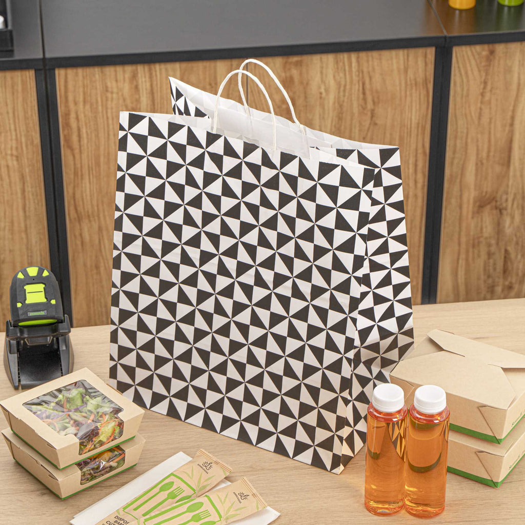 Vogue White Paper Large Shopping Bag - Black Geo Print, with Handles - 16" x 9 3/4" x 17 1/4" - 100 count box