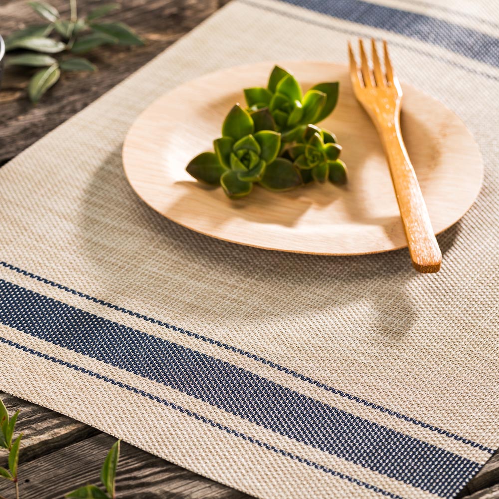 French Countryside Khaki Vinyl Woven Placemat - with Navy Stripe - 16" x 12" - 6 count box