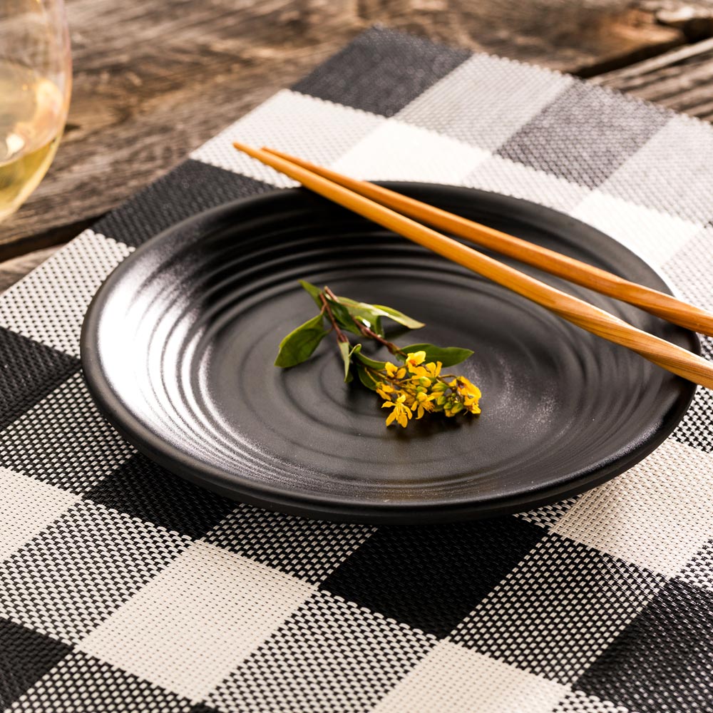 Carmel Mesh Black and White Vinyl Woven Placemat - Large Gingham - 16" x 12" - 6 count box
