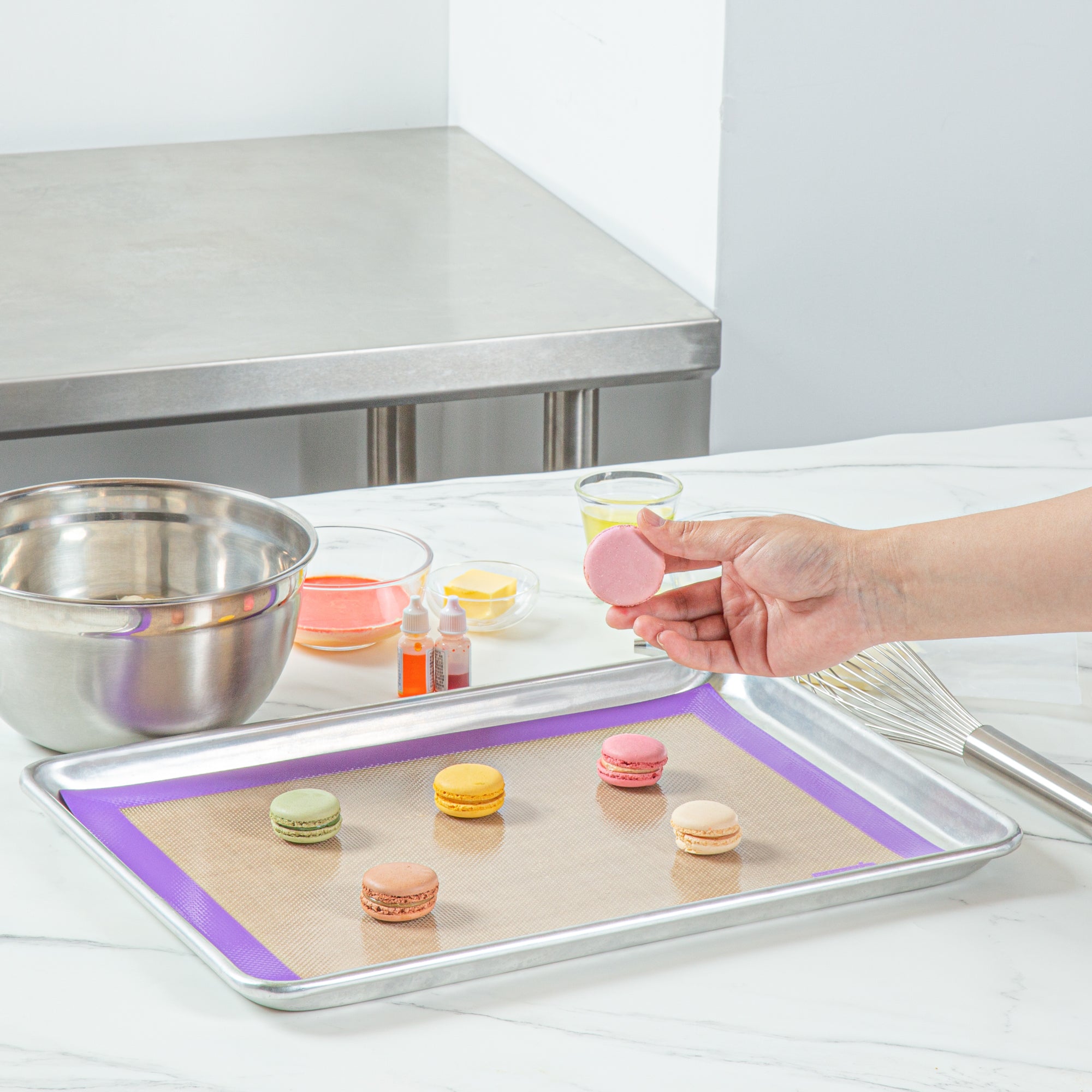 Pastry Tek Rectangle Tan and Purple Silicone Half Size Baking Mat - Allergen Safe, Color-Coded - 11 3/4" x 15 3/4" - 1 count box