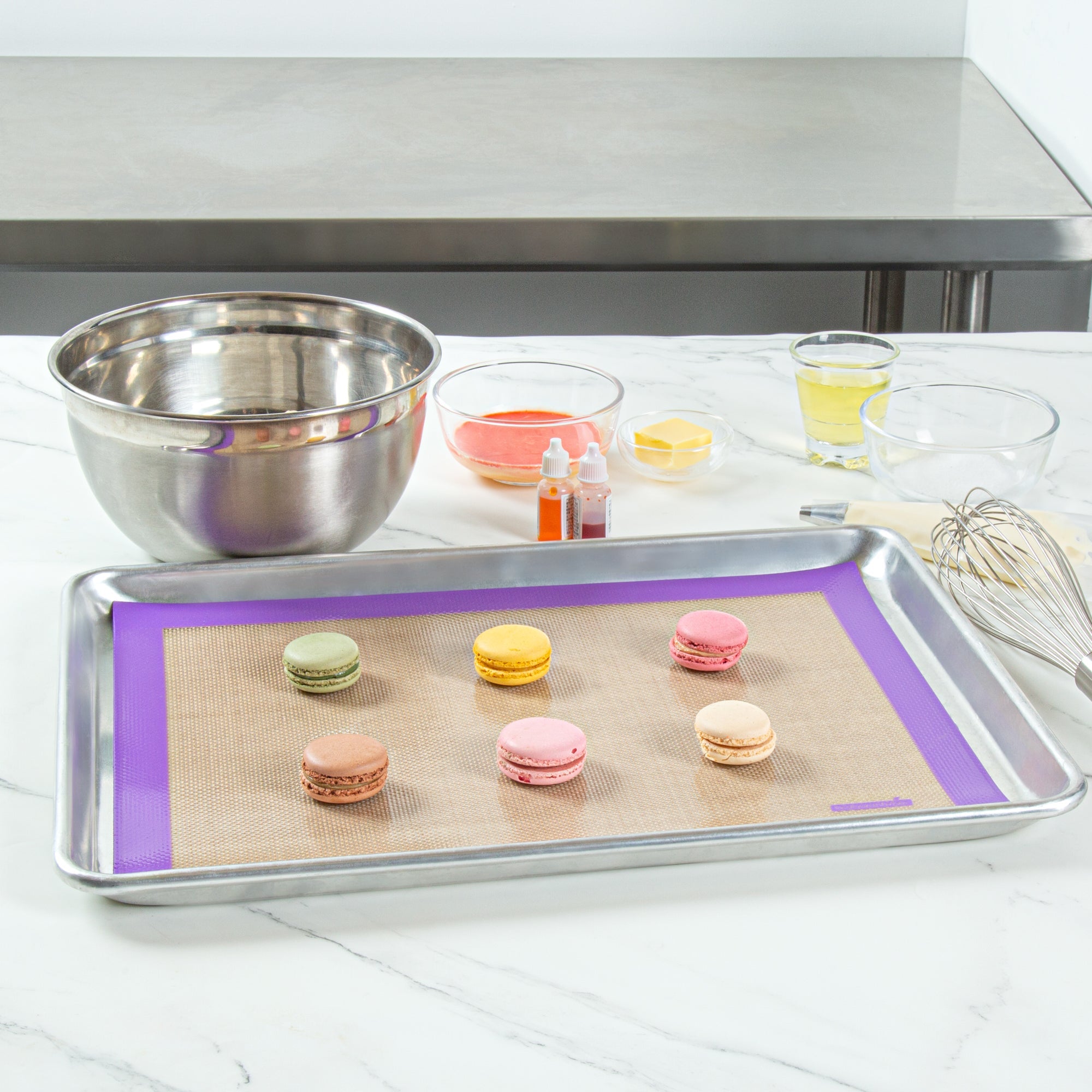 Pastry Tek Rectangle Tan and Purple Silicone Half Size Baking Mat - Allergen Safe, Color-Coded - 11 3/4" x 15 3/4" - 1 count box