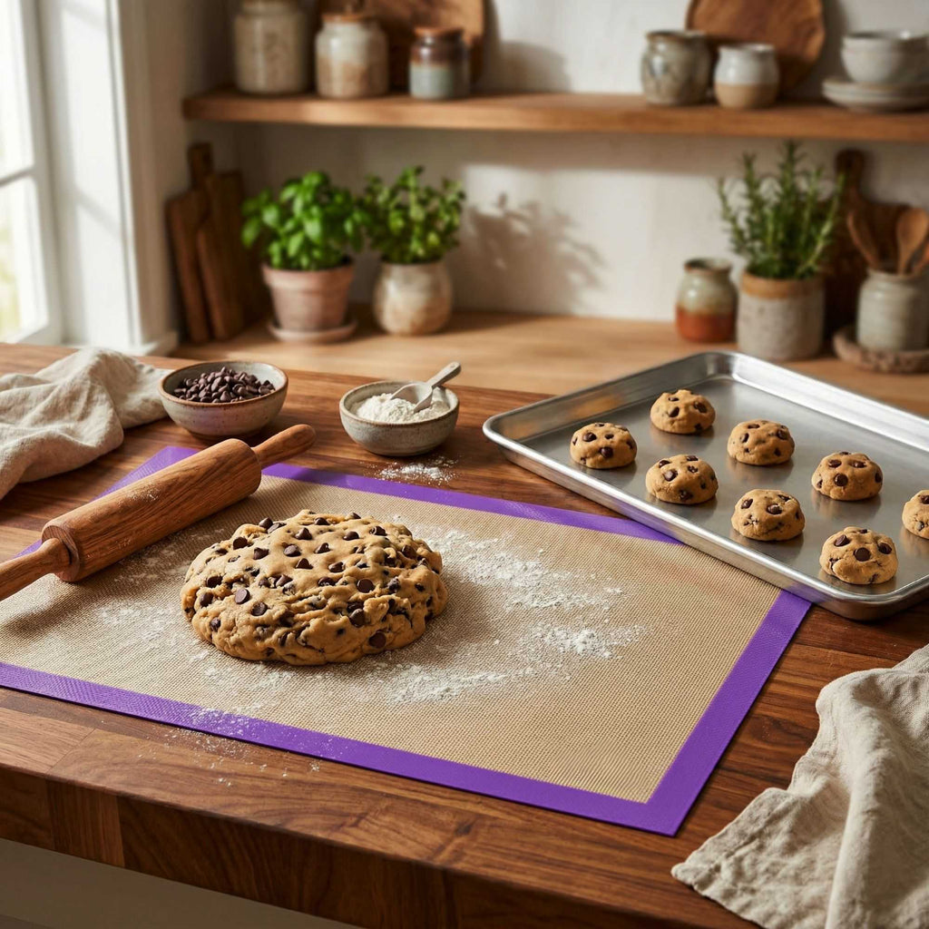 Pastry Tek Rectangle Tan and Purple Silicone Full Size Baking Mat - Allergen Safe, Color-Coded - 15 3/4" x 23 1/2" - 1 count box