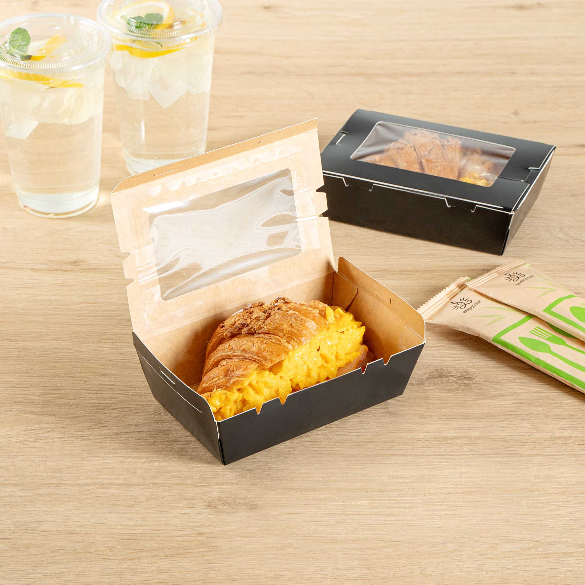 Cafe Vision 21 oz Black Paper Small Take Out Container - Hinge Lock - 6 1/4" x 4" x 1 3/4" - 50 count box
