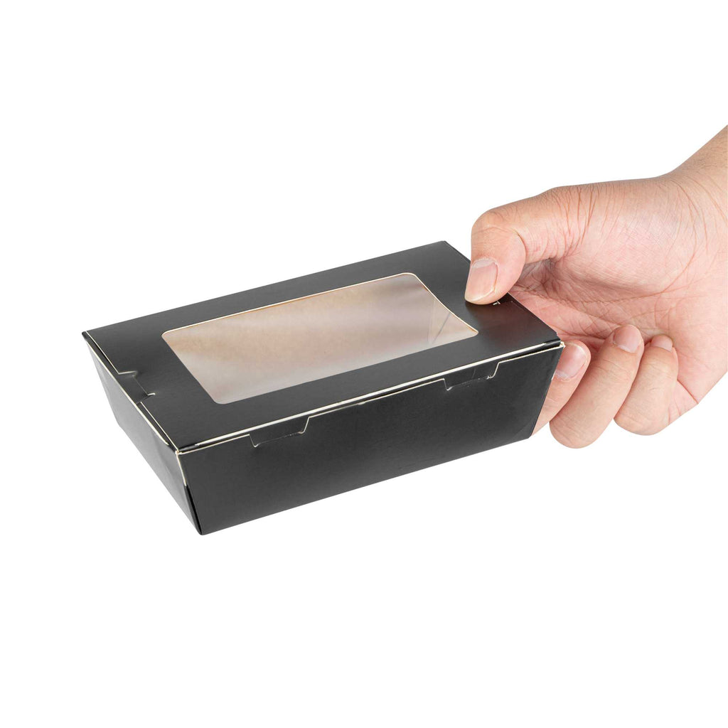 Cafe Vision 21 oz Black Paper Small Take Out Container - Hinge Lock - 6 1/4" x 4" x 1 3/4" - 50 count box