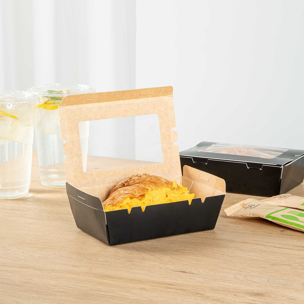 Cafe Vision 21 oz Black Paper Small Take Out Container - Hinge Lock - 6 1/4" x 4" x 1 3/4" - 50 count box
