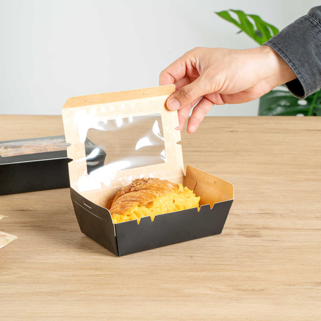 Cafe Vision 21 oz Black Paper Small Take Out Container - Hinge Lock - 6 1/4" x 4" x 1 3/4" - 50 count box