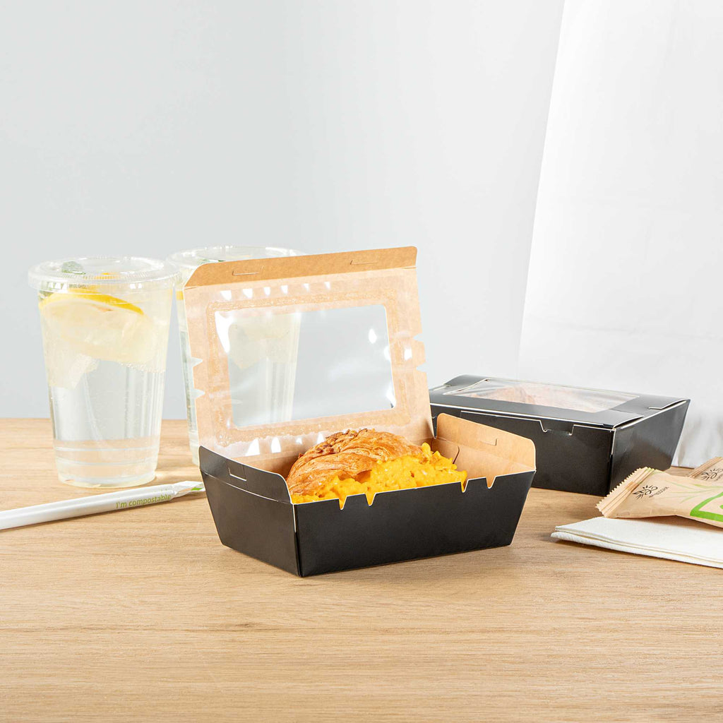 Cafe Vision 21 oz Black Paper Small Take Out Container - Hinge Lock - 6 1/4" x 4" x 1 3/4" - 50 count box