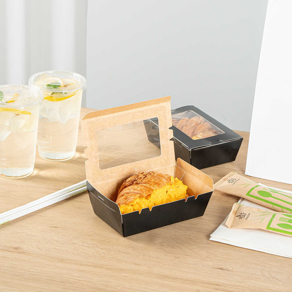 Cafe Vision 21 oz Black Paper Small Take Out Container - Hinge Lock - 6 1/4" x 4" x 1 3/4" - 200 count box