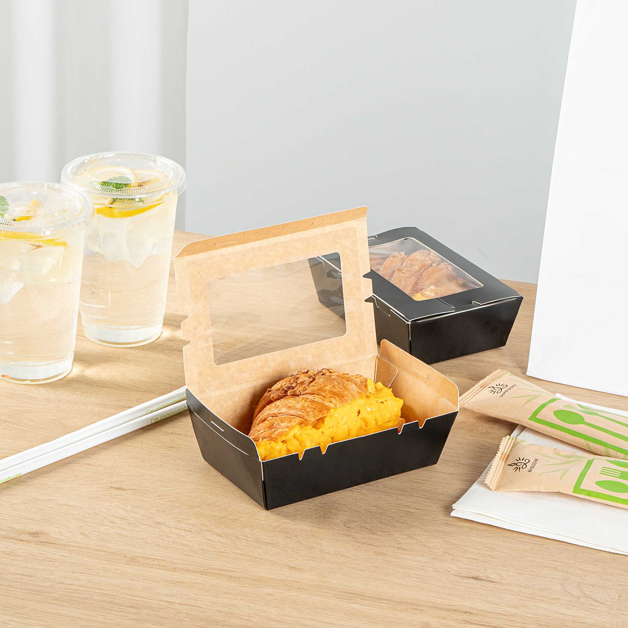 Cafe Vision 21 oz Black Paper Small Take Out Container - Hinge Lock - 6 1/4" x 4" x 1 3/4" - 200 count box