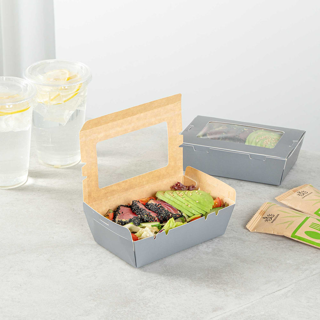 Cafe Vision 21 oz Gray Paper Take Out Container - Hinge Lock - 6 1/4" x 4" x 1 3/4" - 200 count box