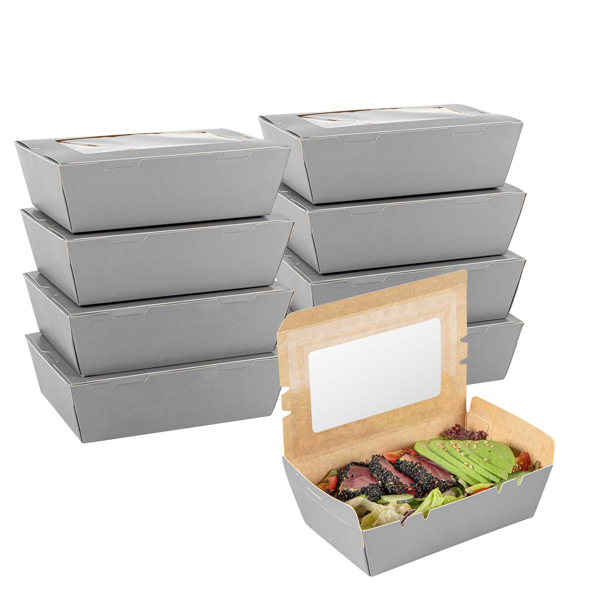 Cafe Vision 21 oz Gray Paper Take Out Container - Hinge Lock - 6 1/4" x 4" x 1 3/4" - 50 count box