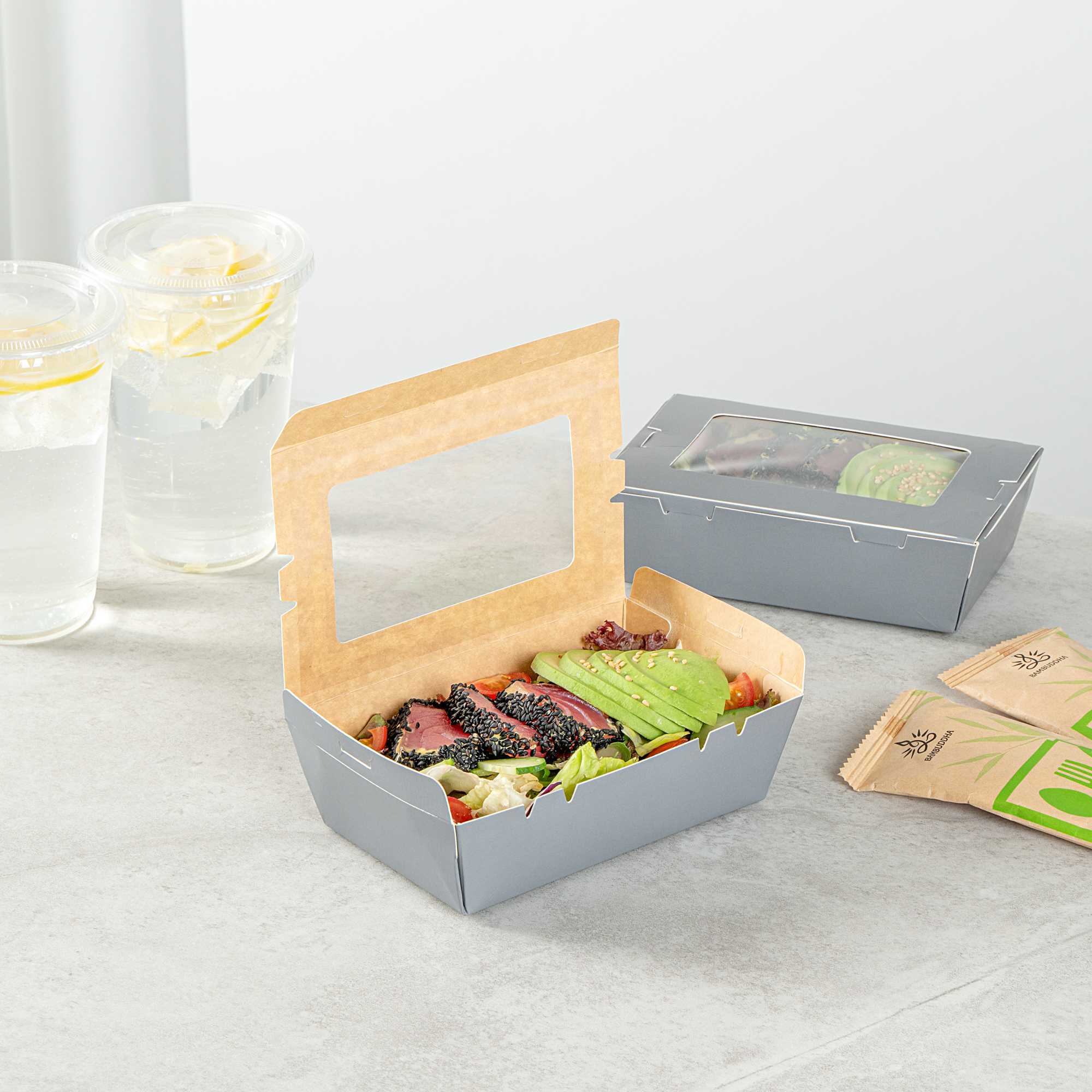 Cafe Vision 21 oz Gray Paper Take Out Container - Hinge Lock - 6 1/4" x 4" x 1 3/4" - 50 count box