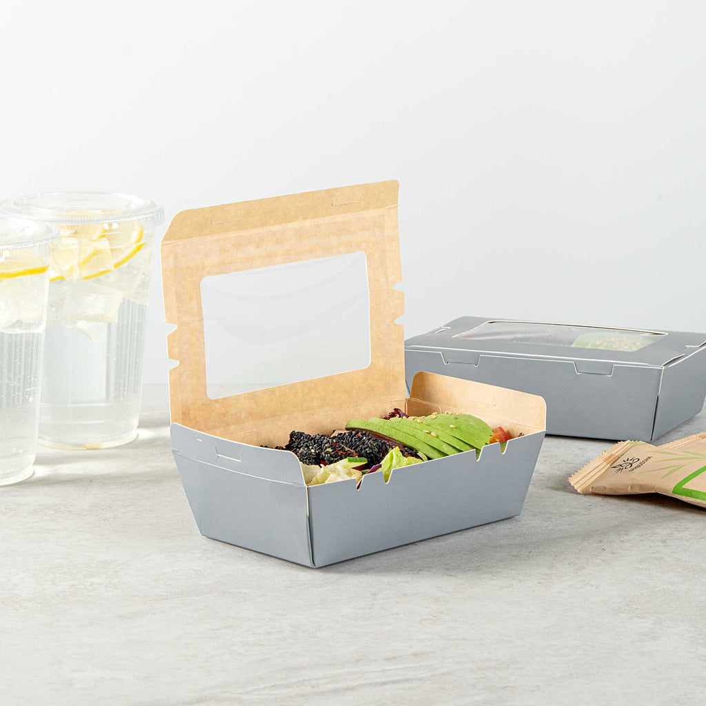 Cafe Vision 21 oz Gray Paper Take Out Container - Hinge Lock - 6 1/4" x 4" x 1 3/4" - 50 count box