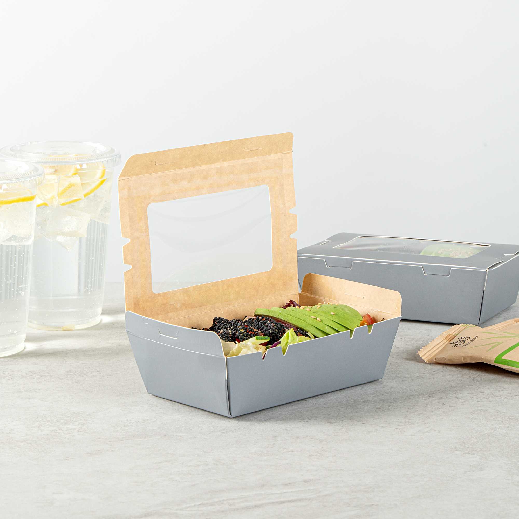 Cafe Vision 21 oz Gray Paper Take Out Container - Hinge Lock - 6 1/4" x 4" x 1 3/4" - 50 count box