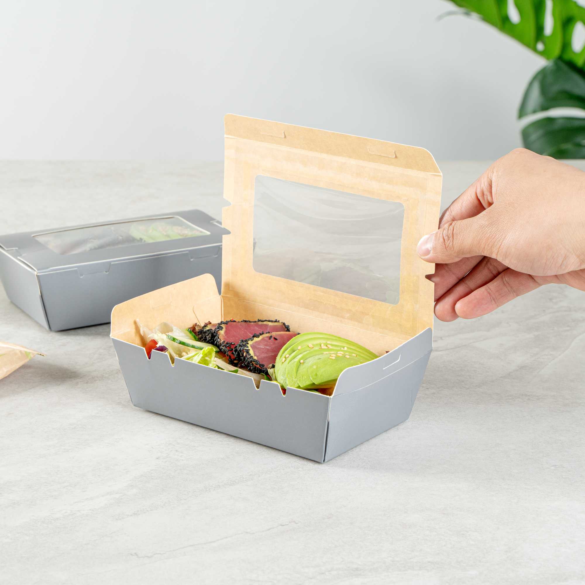 Cafe Vision 21 oz Gray Paper Take Out Container - Hinge Lock - 6 1/4" x 4" x 1 3/4" - 50 count box