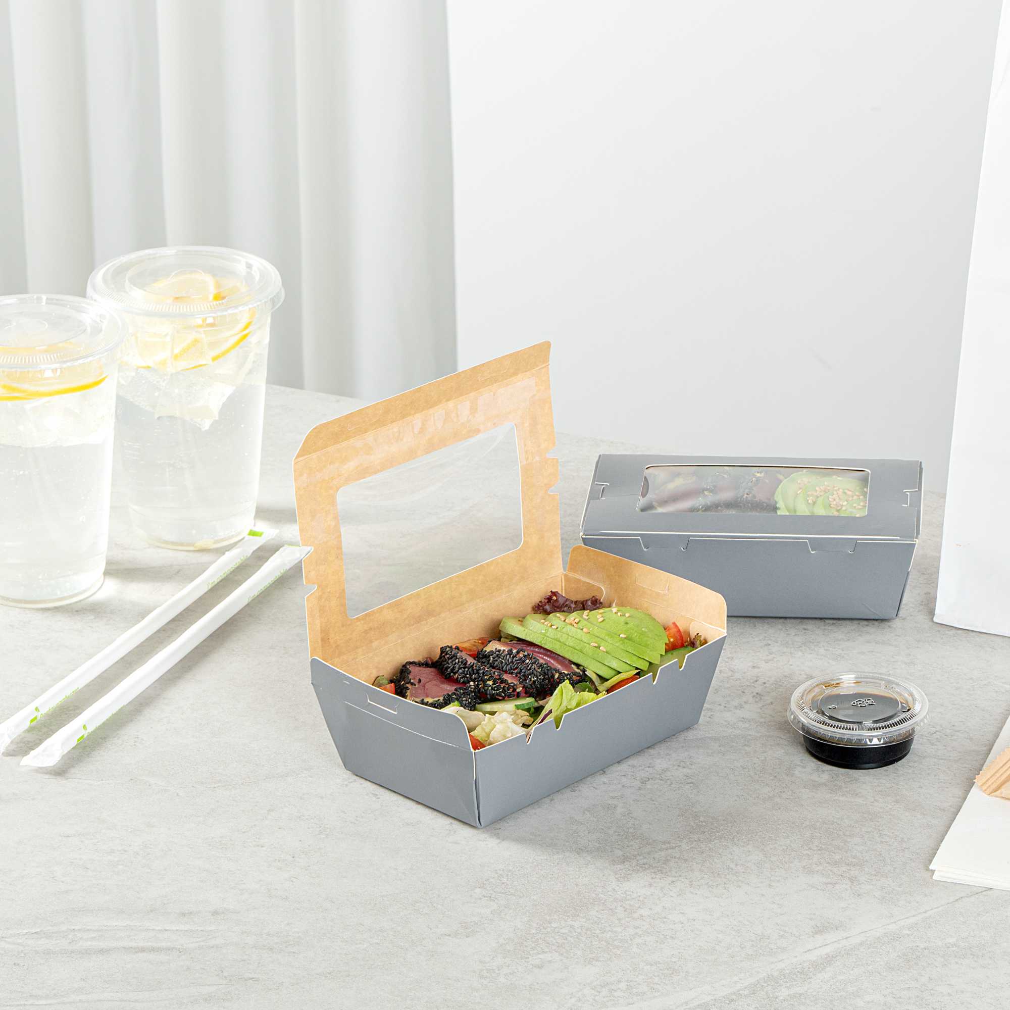 Cafe Vision 21 oz Gray Paper Take Out Container - Hinge Lock - 6 1/4" x 4" x 1 3/4" - 50 count box