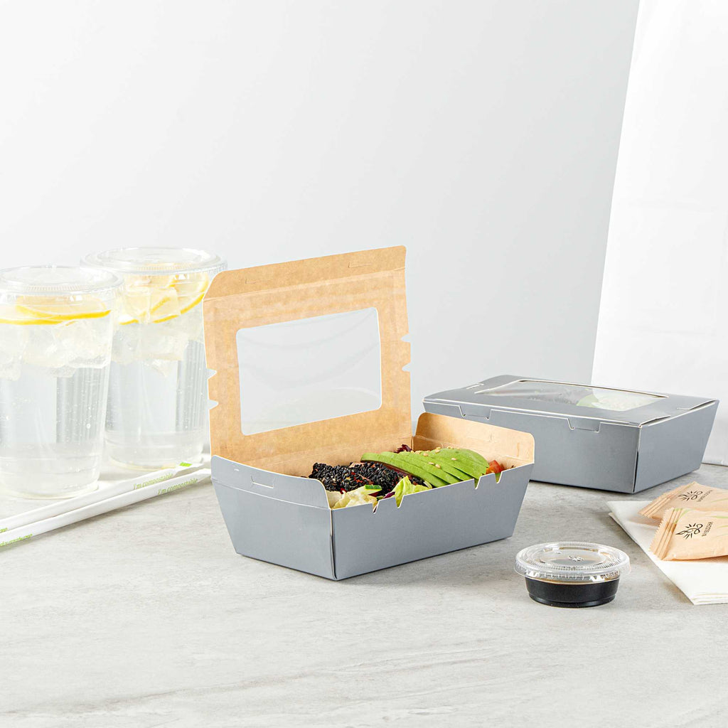 Cafe Vision 21 oz Gray Paper Take Out Container - Hinge Lock - 6 1/4" x 4" x 1 3/4" - 50 count box