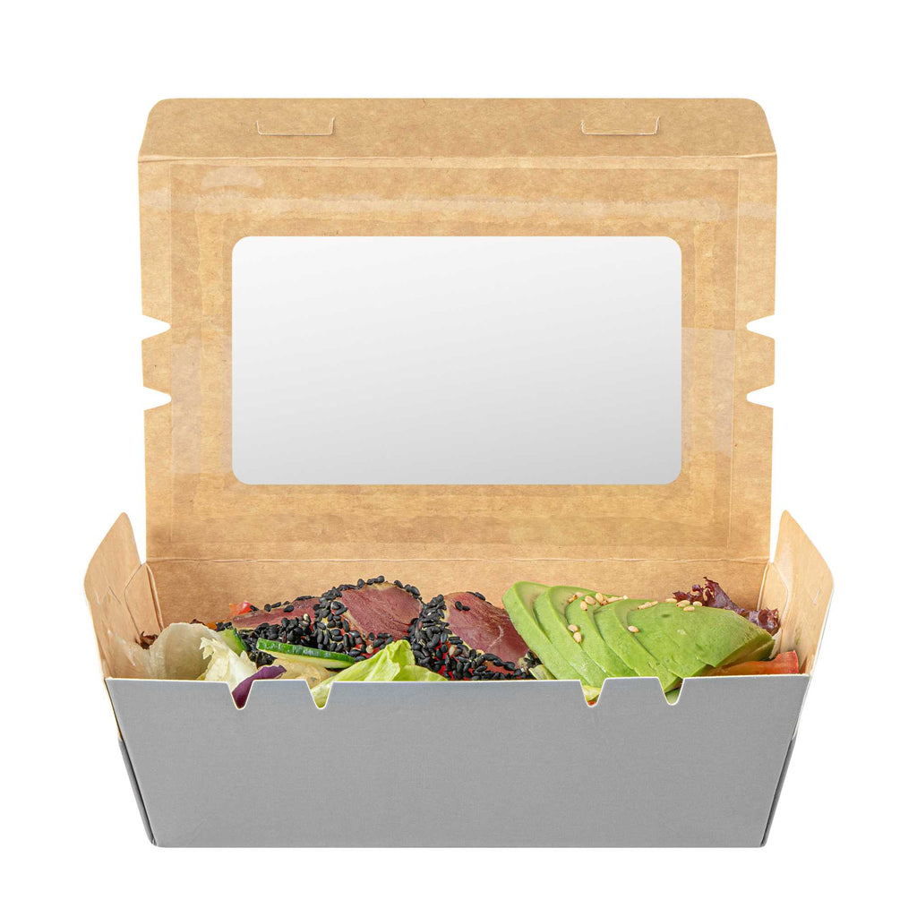 Cafe Vision 21 oz Gray Paper Take Out Container - Hinge Lock - 6 1/4" x 4" x 1 3/4" - 200 count box