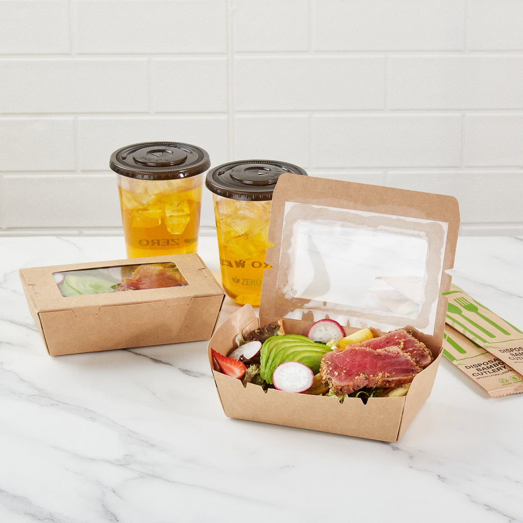 Cafe Vision 21 oz Kraft Paper Small Take Out Container - Hinge Lock - 6 1/4'' x 4'' x 1 3/4'' - 50 count box