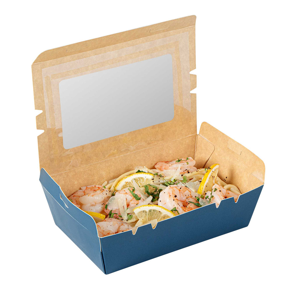 Cafe Vision 21 oz Midnight Blue Paper Small Take Out Container - Hinge Lock - 6 1/4" x 4" x 1 3/4" - 200 count box