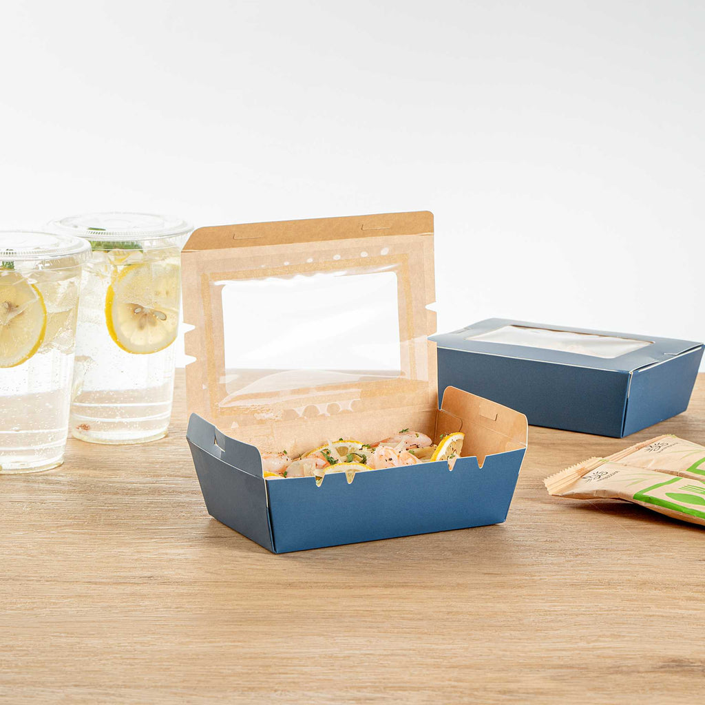 Cafe Vision 21 oz Midnight Blue Paper Small Take Out Container - Hinge Lock - 6 1/4" x 4" x 1 3/4" - 200 count box