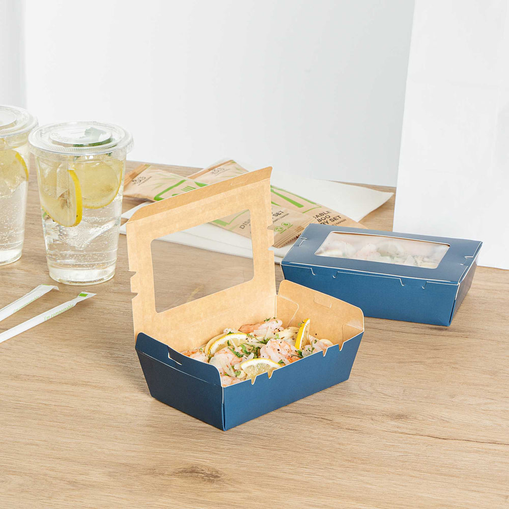 Cafe Vision 21 oz Midnight Blue Paper Small Take Out Container - Hinge Lock - 6 1/4" x 4" x 1 3/4" - 200 count box