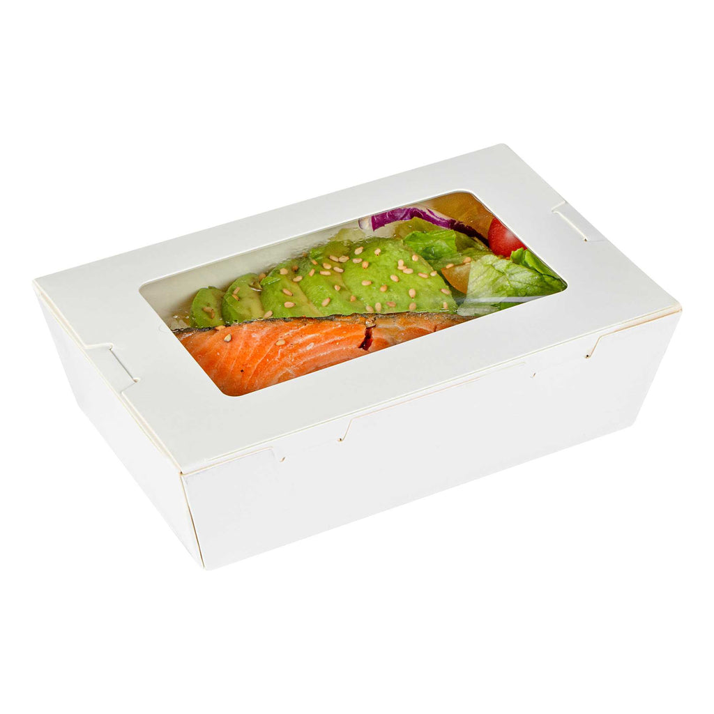 Cafe Vision 21 oz White Paper Small Take Out Container - Hinge Lock - 6 1/4" x 4" x 1 3/4" - 50 count box