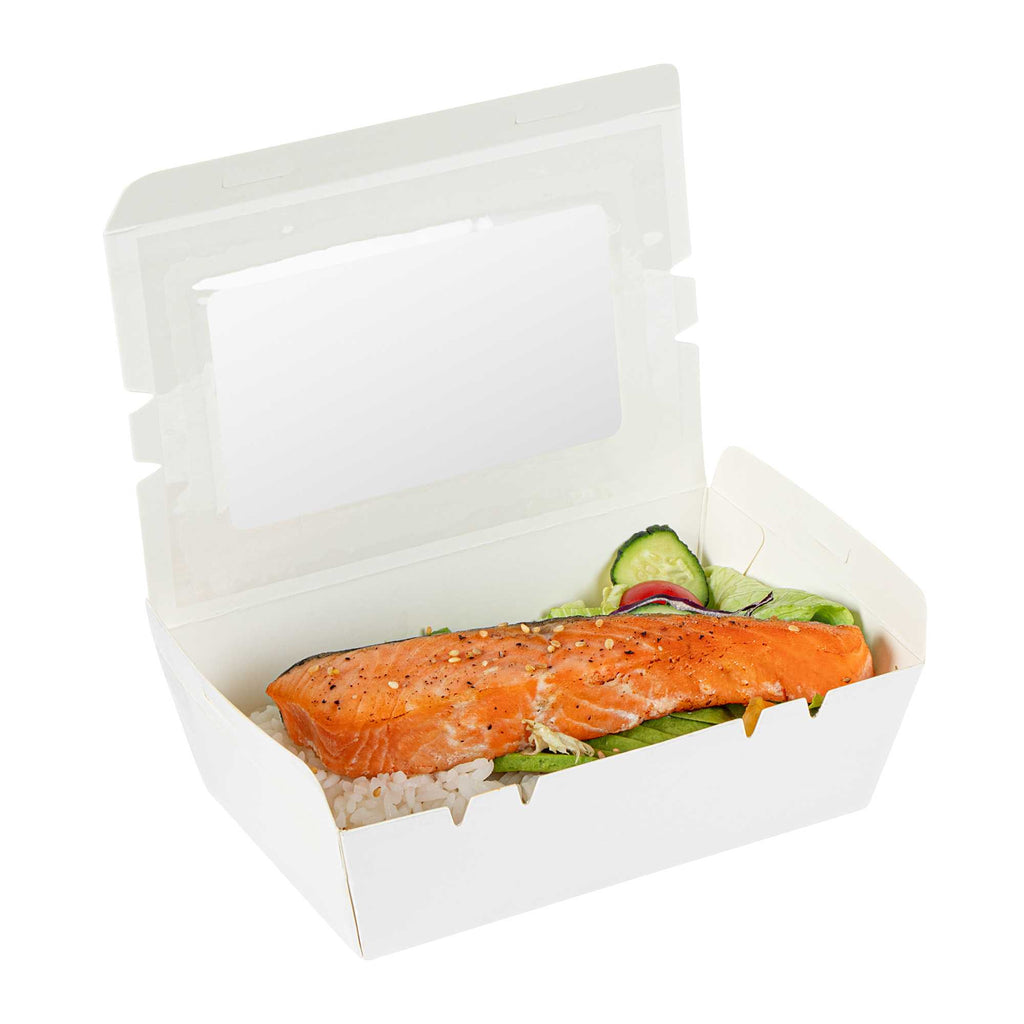 Cafe Vision 21 oz White Paper Small Take Out Container - Hinge Lock - 6 1/4" x 4" x 1 3/4" - 50 count box