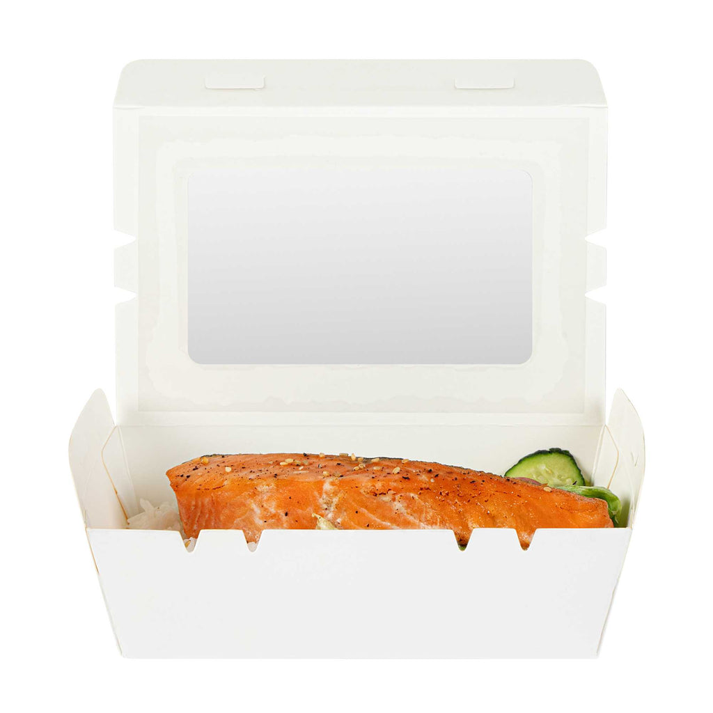 Cafe Vision 21 oz White Paper Small Take Out Container - Hinge Lock - 6 1/4" x 4" x 1 3/4" - 50 count box