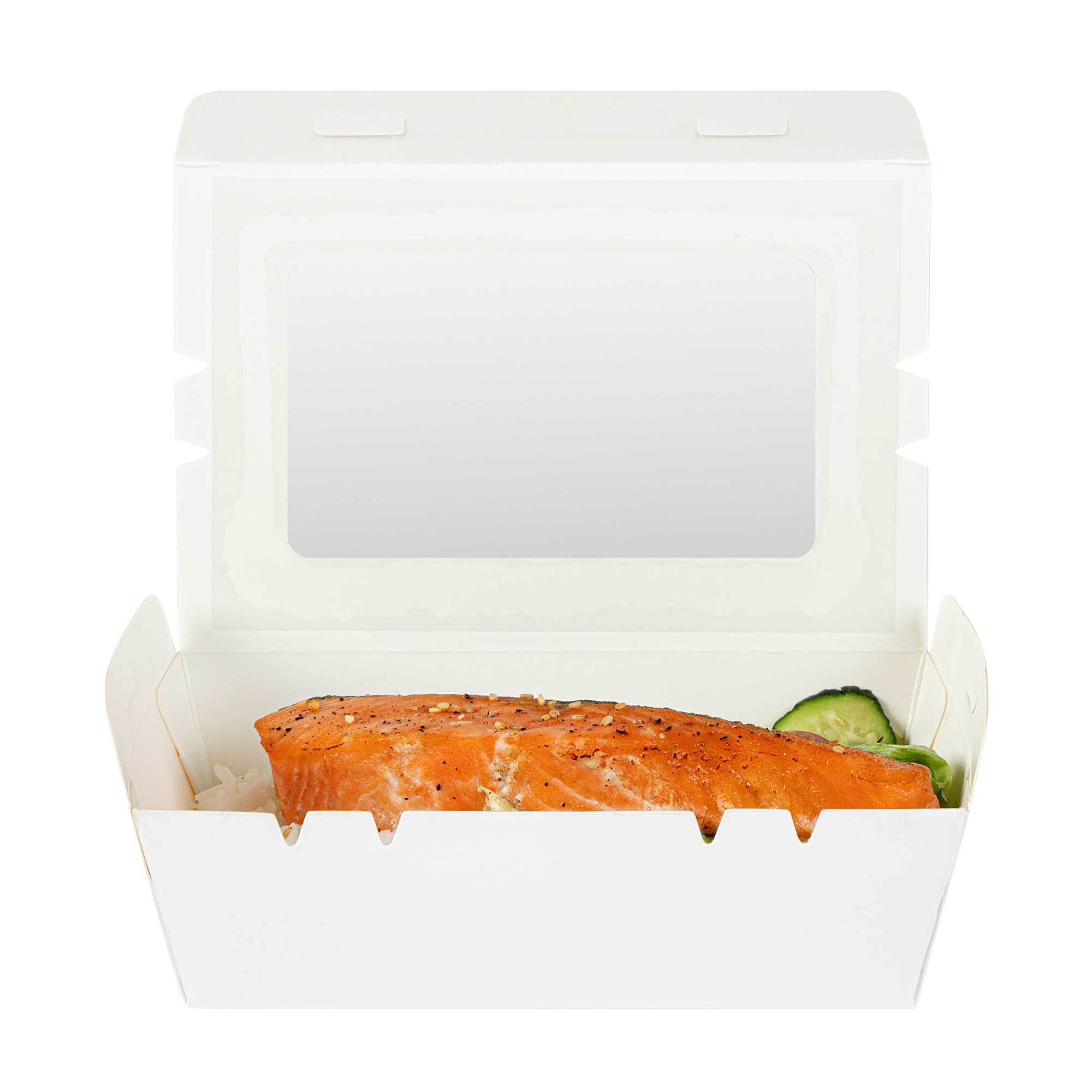 Cafe Vision 21 oz White Paper Small Take Out Container - Hinge Lock - 6 1/4" x 4" x 1 3/4" - 50 count box
