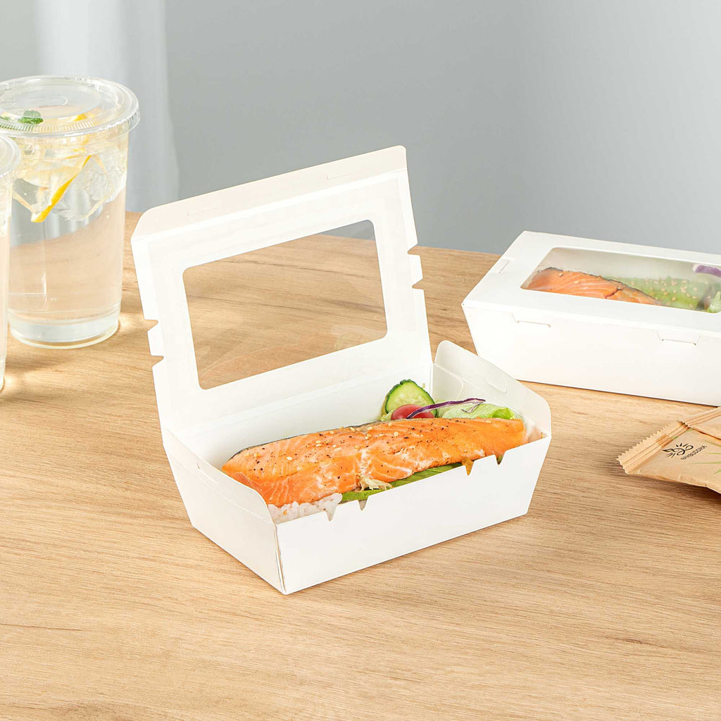 Cafe Vision 21 oz White Paper Small Take Out Container - Hinge Lock - 6 1/4" x 4" x 1 3/4" - 50 count box