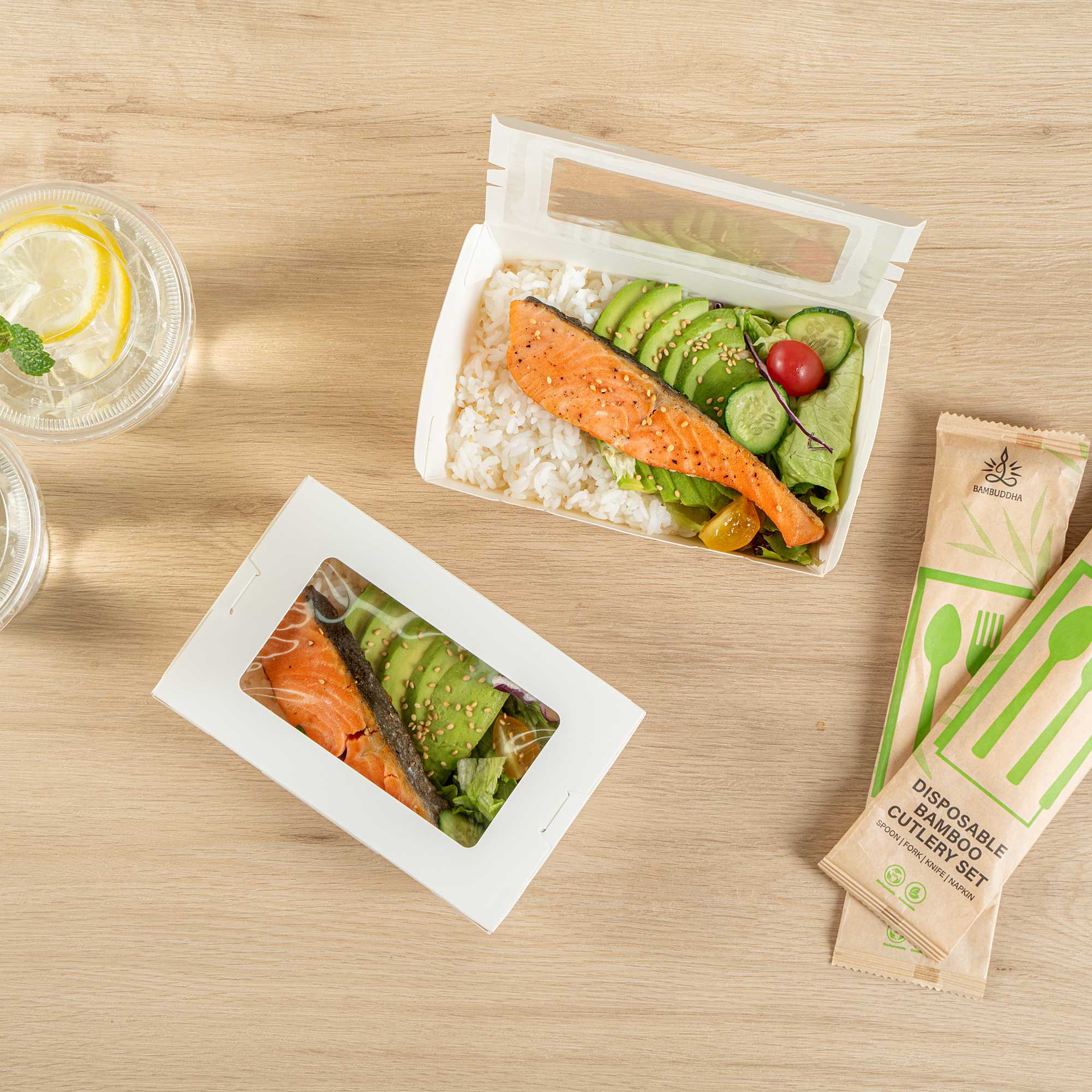 Cafe Vision 21 oz White Paper Small Take Out Container - Hinge Lock - 6 1/4" x 4" x 1 3/4" - 50 count box