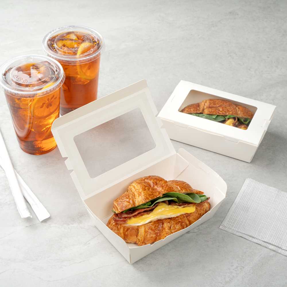Cafe Vision 21 oz White Paper Small Take Out Container - Hinge Lock - 6 1/4" x 4" x 1 3/4" - 50 count box