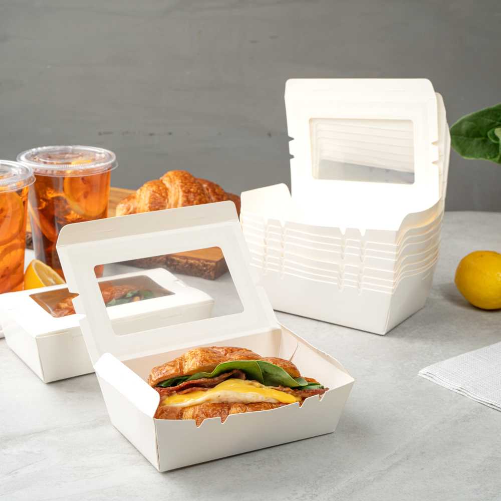 Cafe Vision 21 oz White Paper Small Take Out Container - Hinge Lock - 6 1/4" x 4" x 1 3/4" - 200 count box