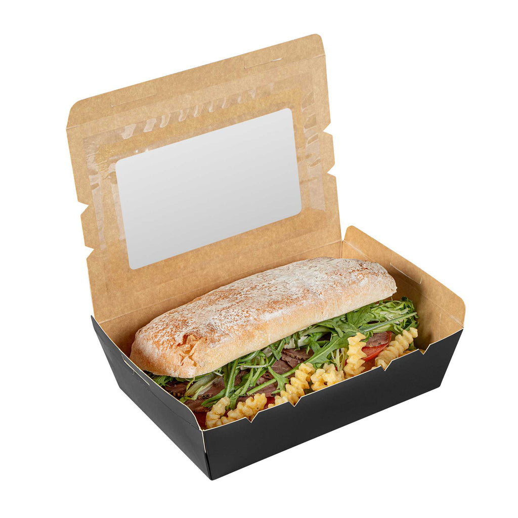 Cafe Vision 42 oz Black Paper Medium Take Out Container - Hinge Lock - 8" x 5 1/2" x 2" - 50 count box