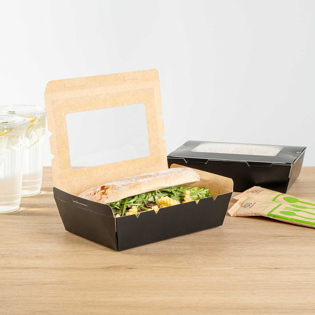 Cafe Vision 42 oz Black Paper Medium Take Out Container - Hinge Lock - 8" x 5 1/2" x 2" - 50 count box