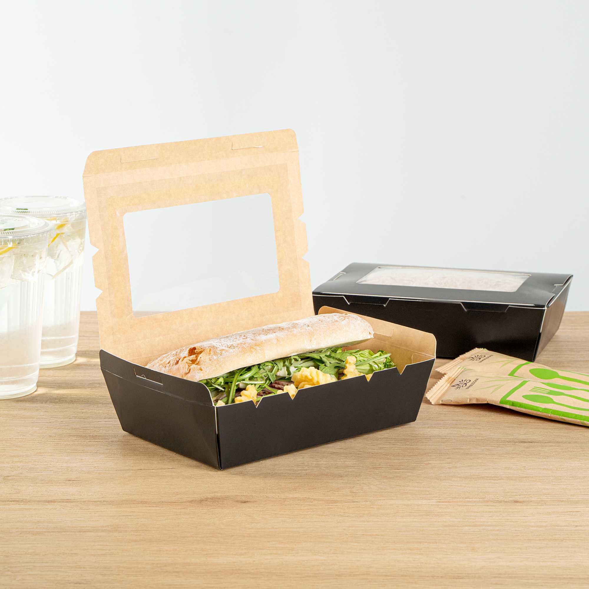Cafe Vision 42 oz Black Paper Medium Take Out Container - Hinge Lock - 8" x 5 1/2" x 2" - 50 count box